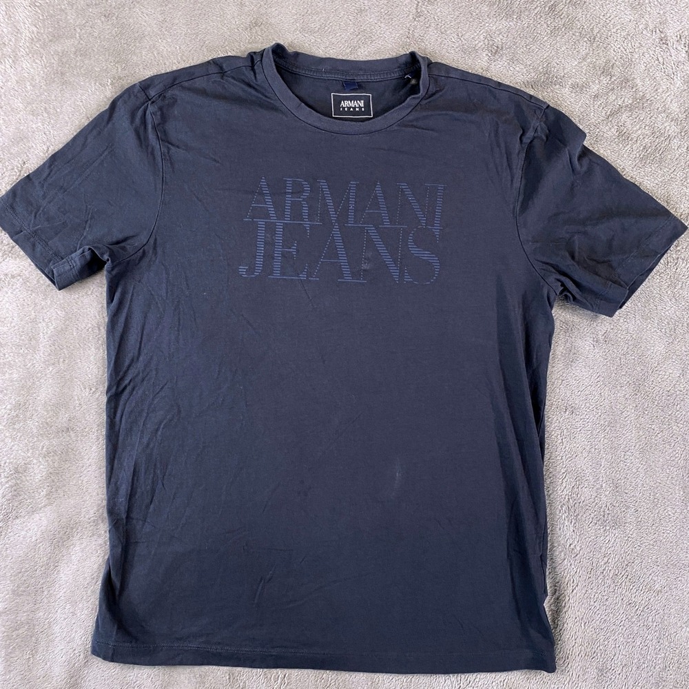 Armani Jeans‎ T-Shirt Mens L Navy Blue Graphic Logo Short Sleeve Designer Summer